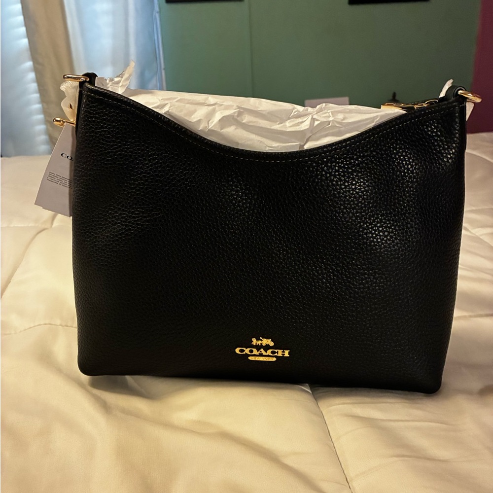 NWT Coach Lux Pebbled Laurel Black Leather Shoulder Hobo with Gold Hardware - Picture 7 of 12